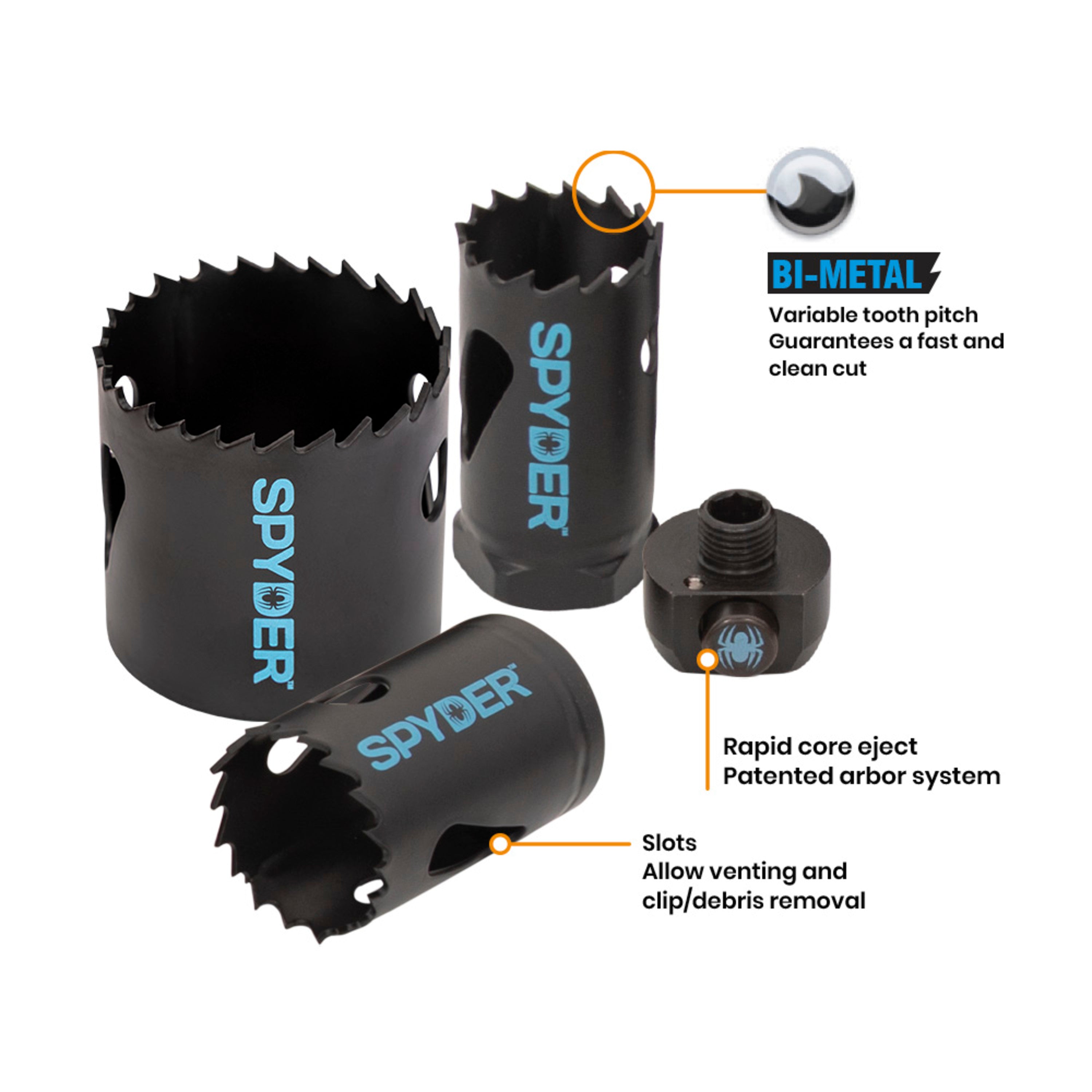 9-Piece Carbide Tipped Metal/Wood Cutting RCE Hole Saw Kit (1, 1-1/8, 1-3/8, 1-1/2, 2") Rapid Core Eject® Tarantula™