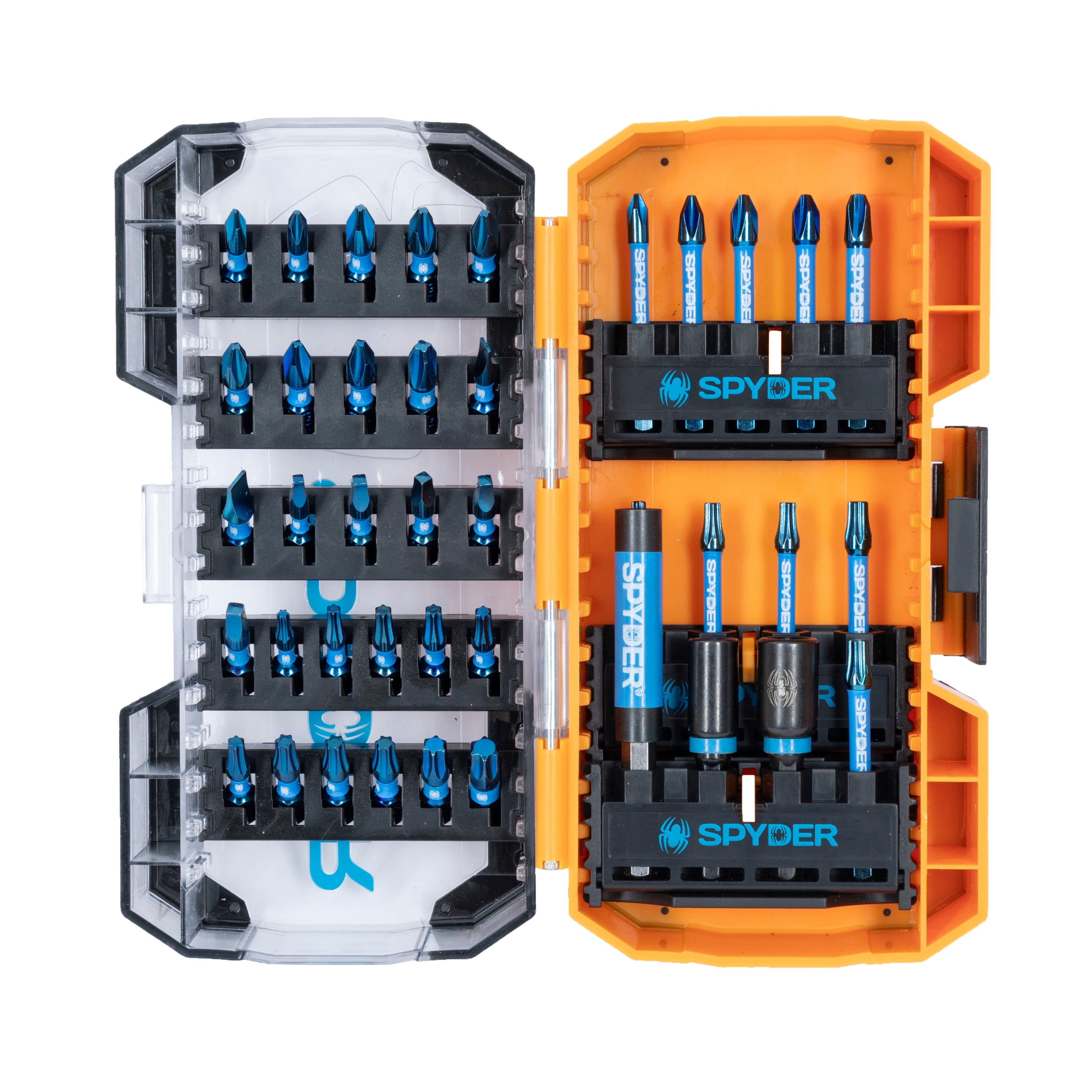 A set of Spyder 19600 impact driver bits in various sizes, displayed in an orange and black carrying case.