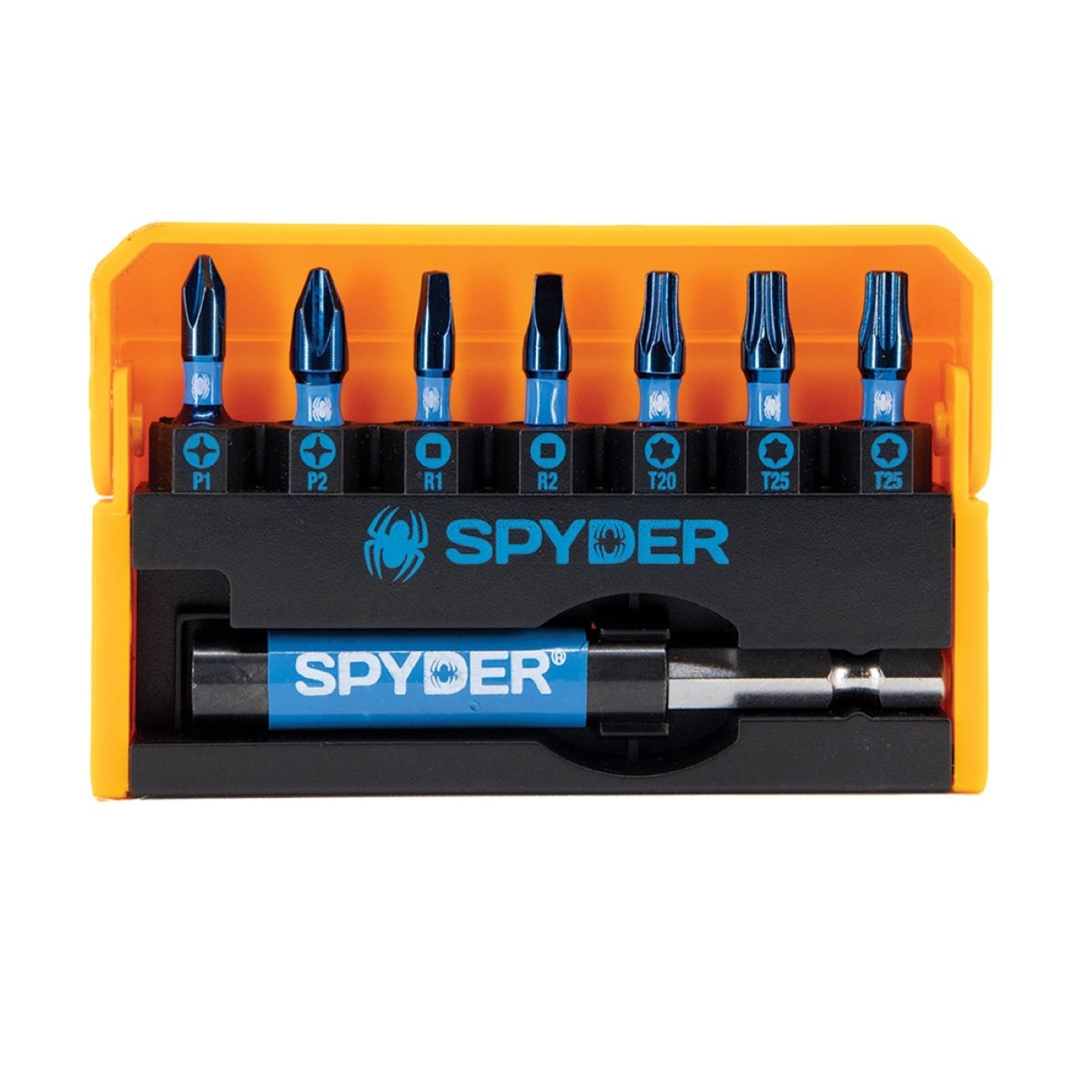 A set of Spyder 19027 impact driver bits in various sizes, displayed in an orange and black carrying case.