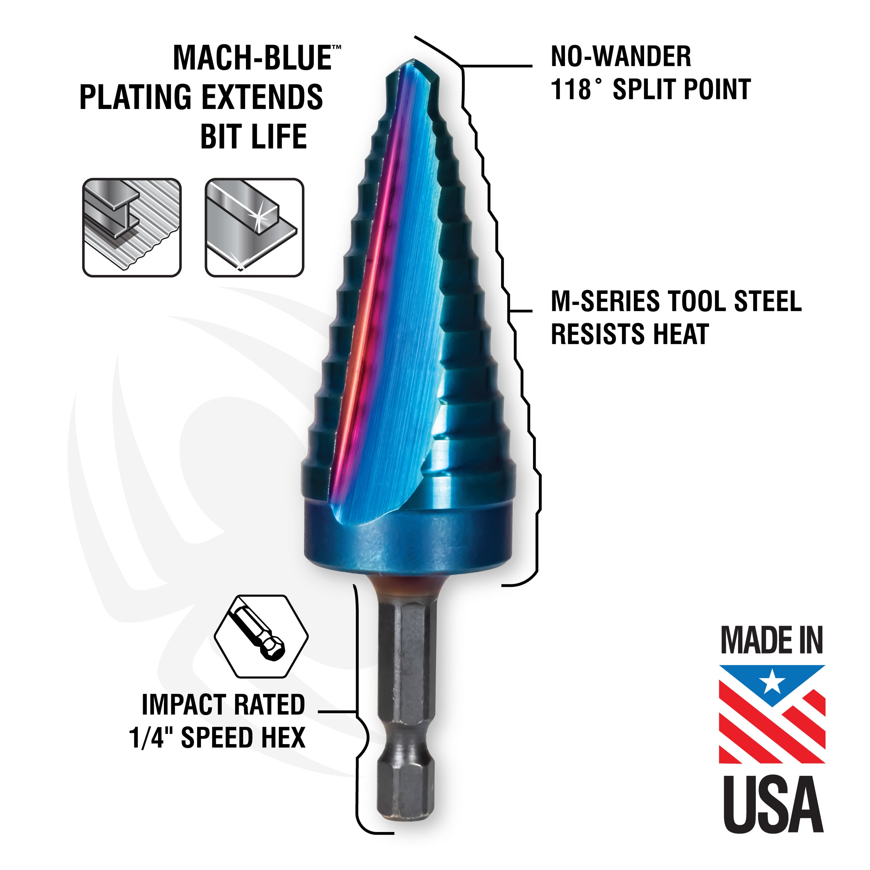 1/4 to 3/4" Hex Shank 9 Step Drill Bit Stinger™ Mach-Blue™