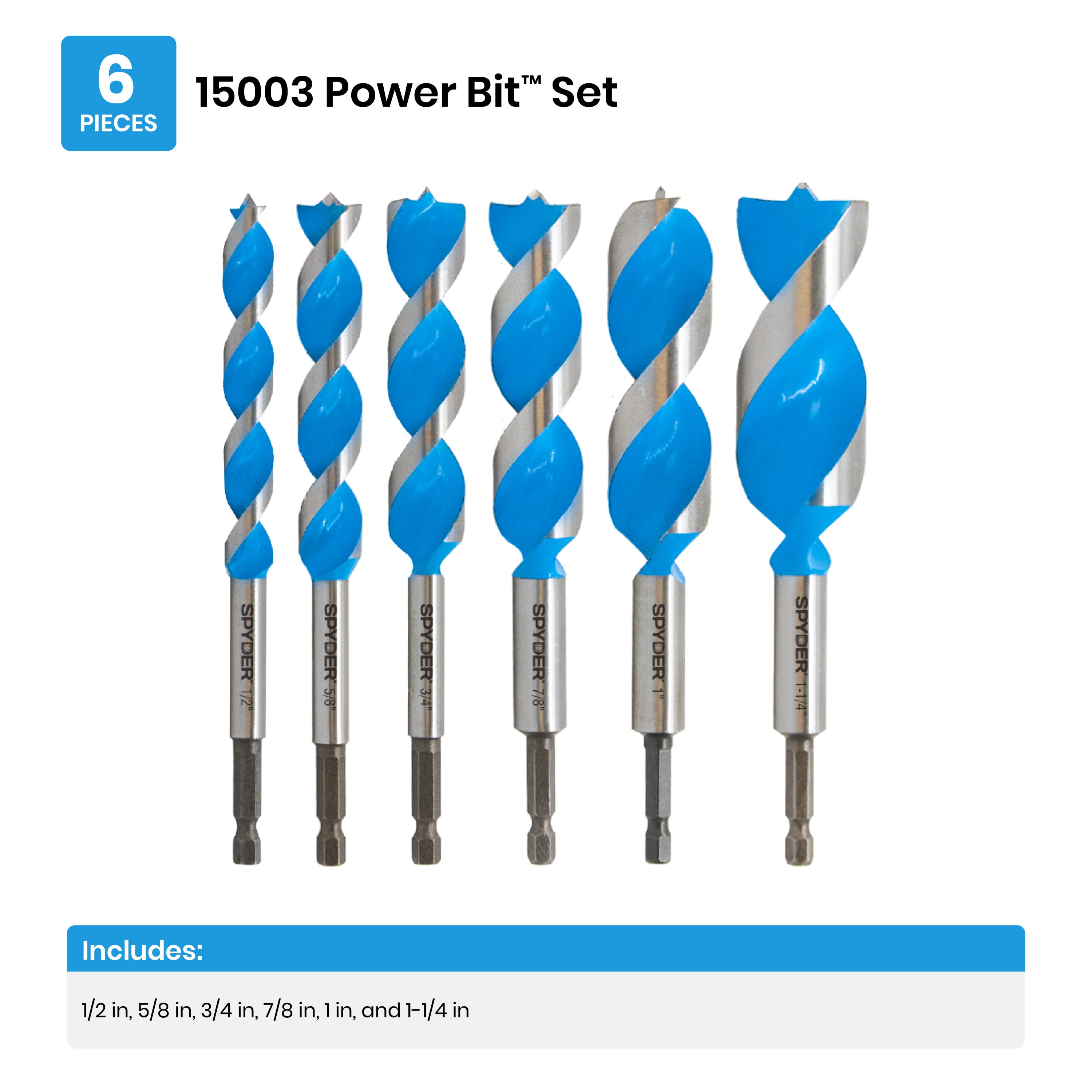 6-Piece Assorted Woodboring Power Bit Set (1/2, 5/8, 3/4, 7/8, 1, 1-1/4") Stinger™
