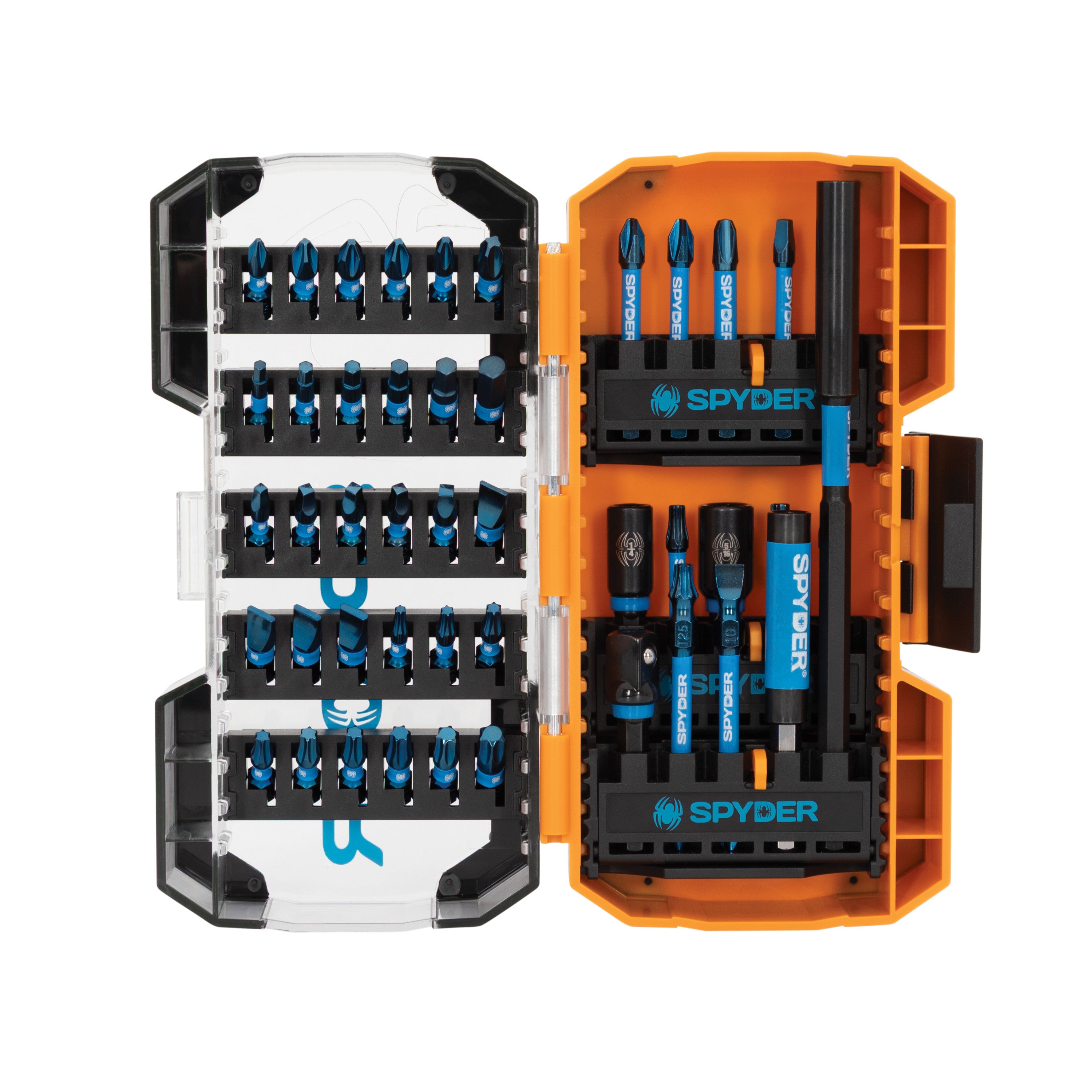A set of Spyder 19966 impact driver bits in various sizes, displayed in an orange and black carrying case.