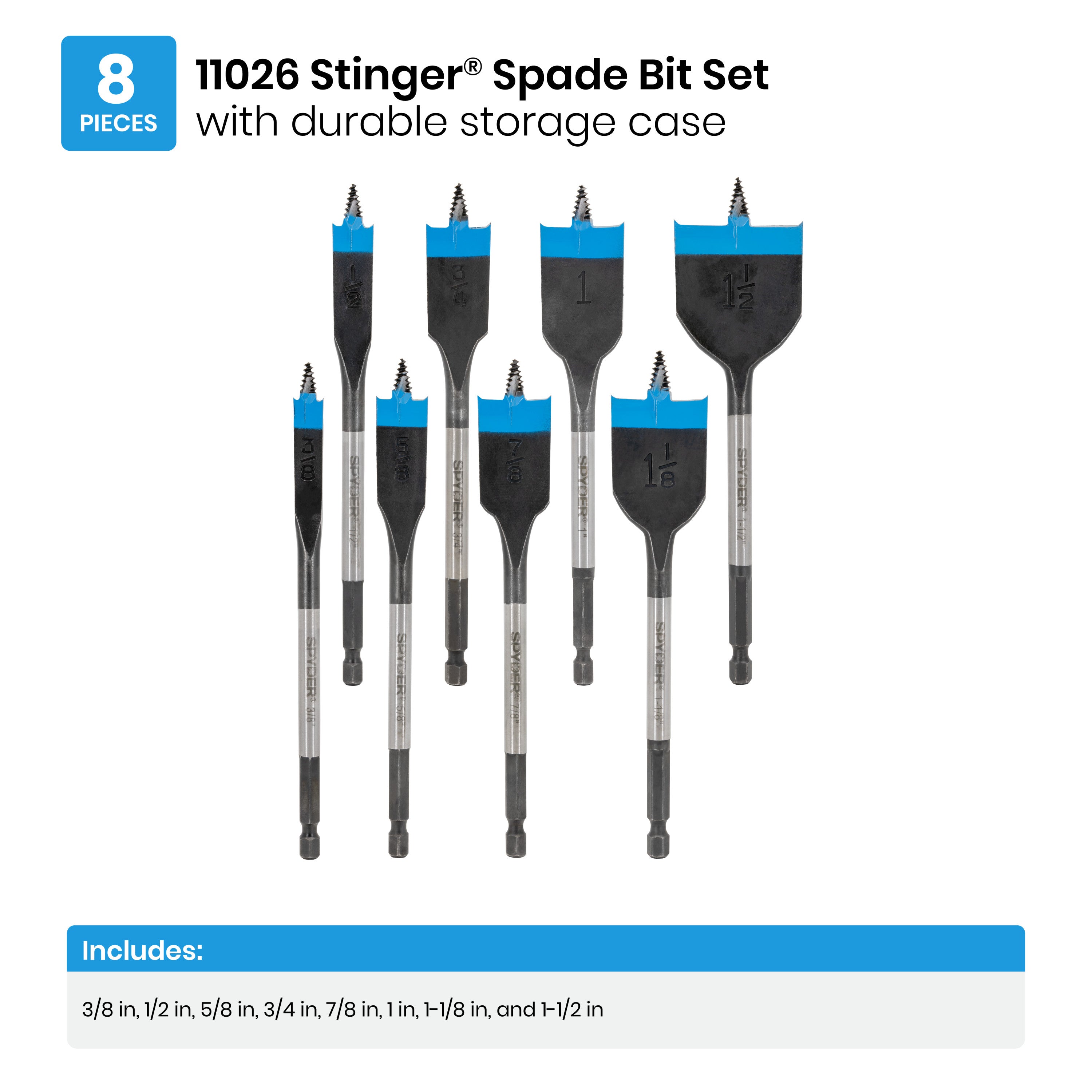8-Piece Assorted Woodboring Spade Bit Set (3/8, 1/2, 5/8, 3/4, 7/8, 1, 1-1/8, 1-1/2") Stinger™