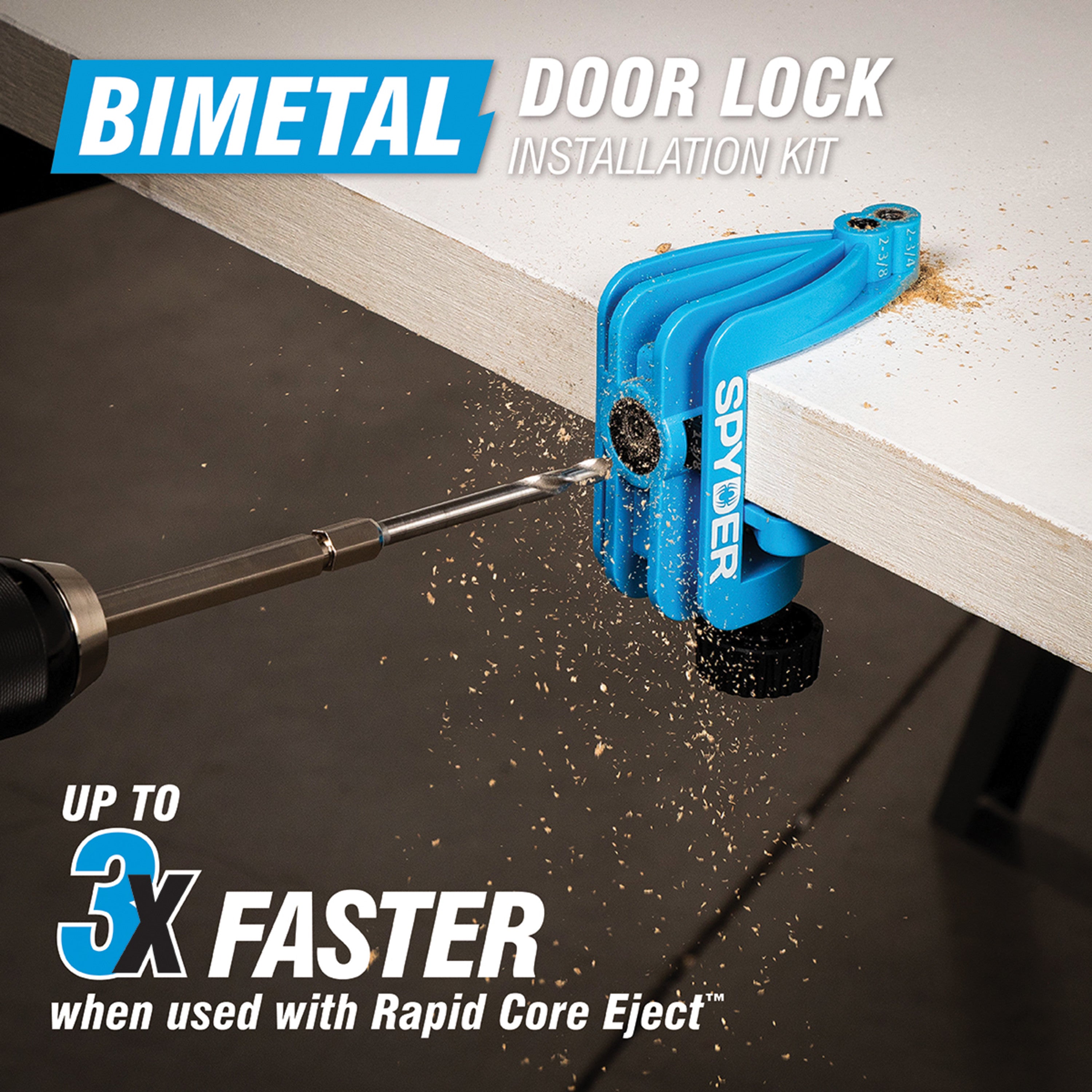 Plantilla de instalación de cerradura de puerta Rapid Core Eject™ Bi-Metal de 5 piezas y kit de sierra de corona bimetálica (1" y 2-1/8")