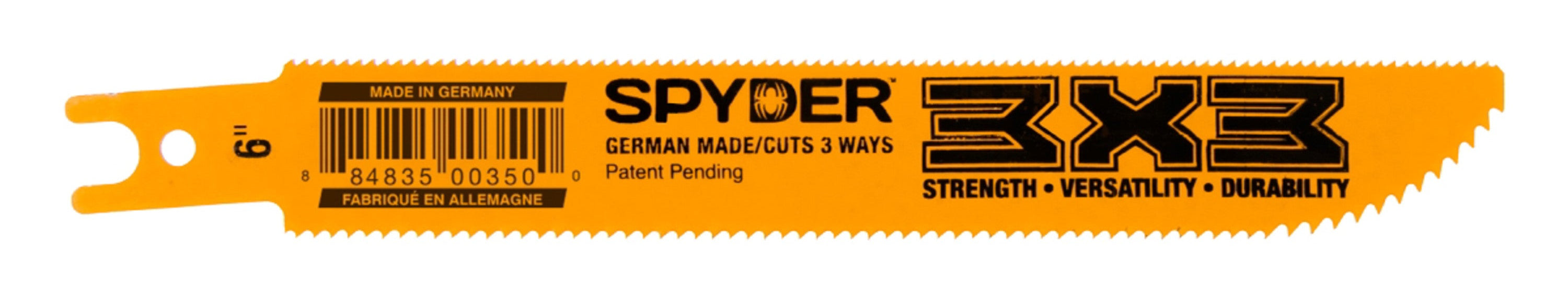 Yellow 3x3® Double-Sided Metal Cutting Spyder branded reciprocating saw blade on a white background