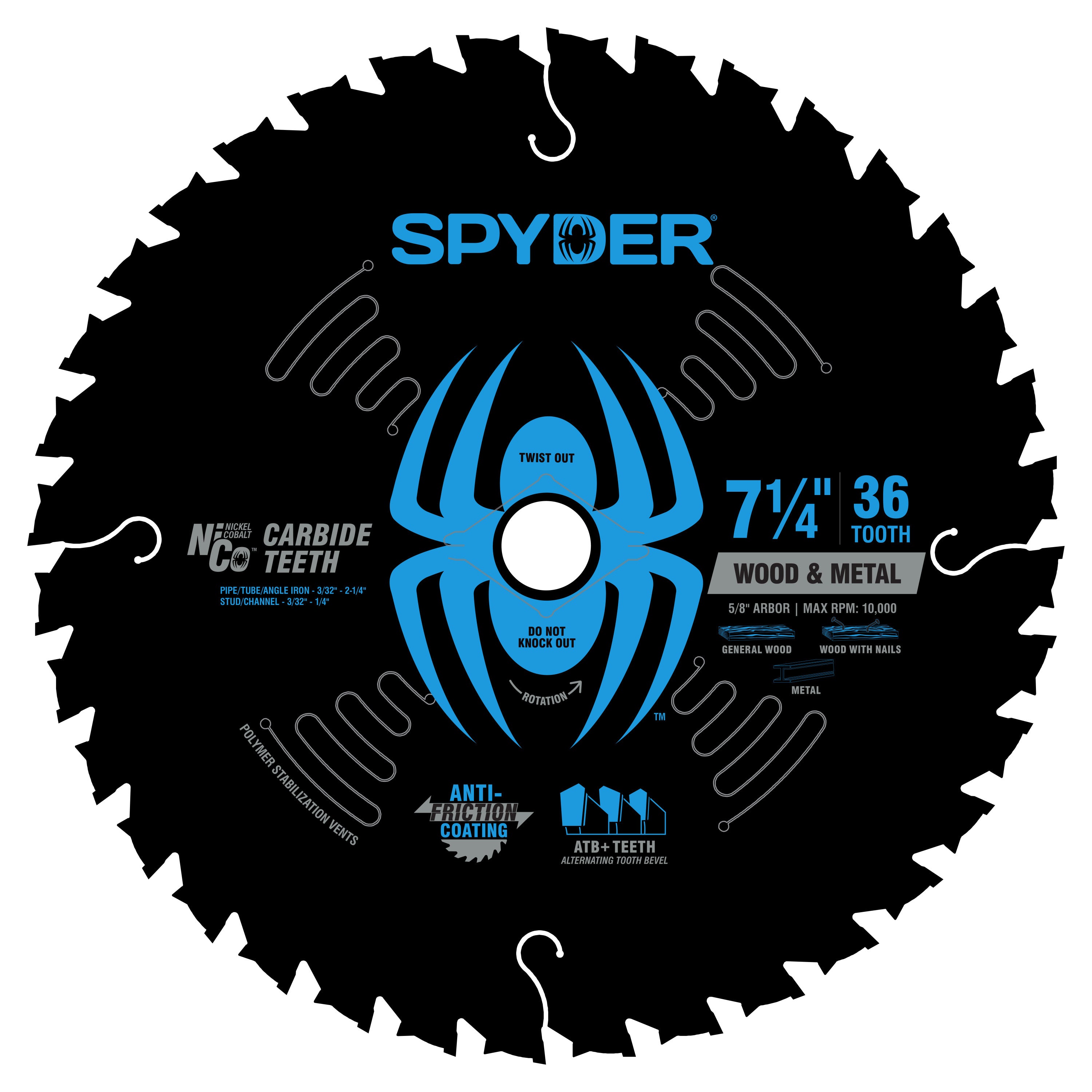 Spyder circular saw blade with blue spider design on a white background