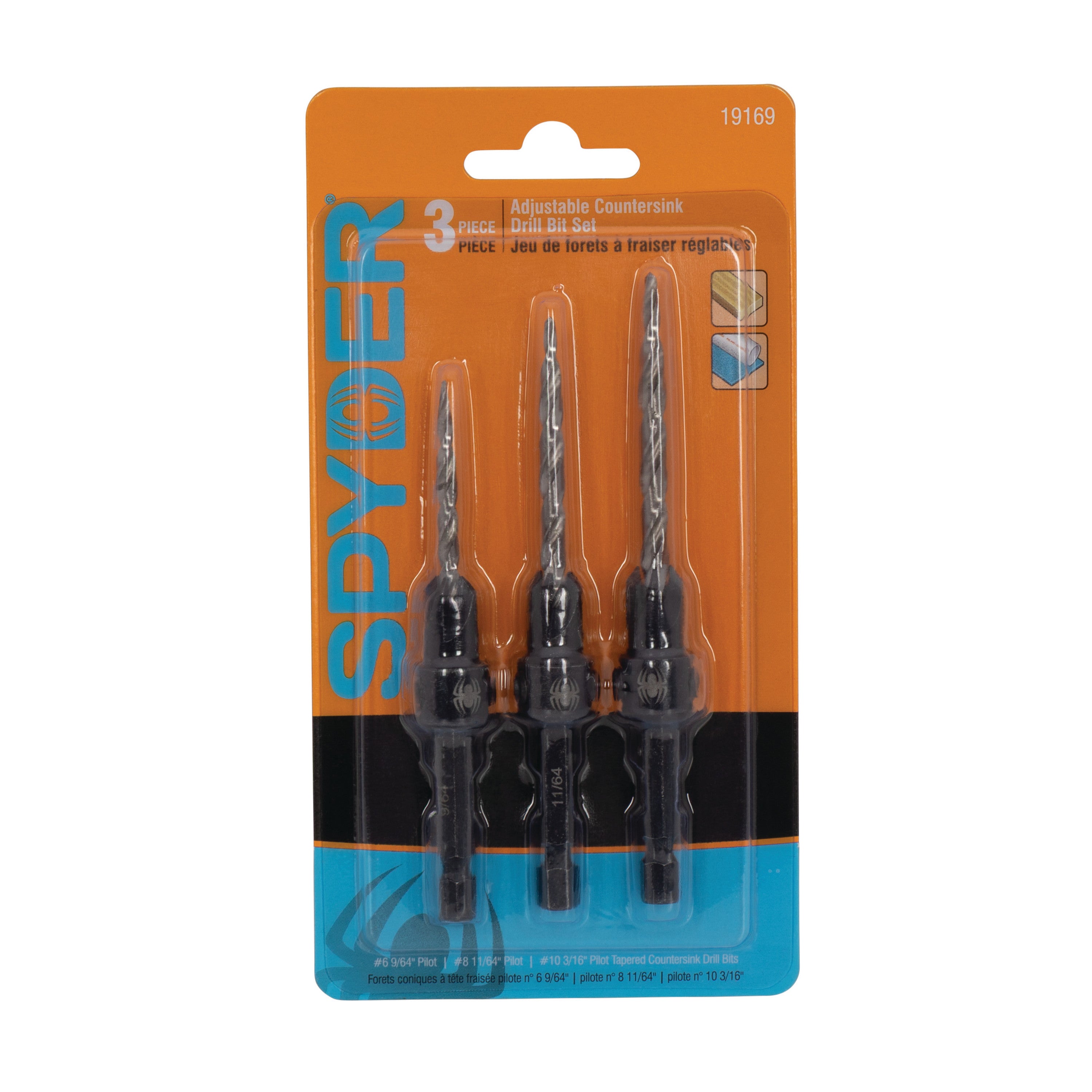 3-Piece HSS Tapered Adjustable Countersink Twist Drill Bit Set (#6, #8, #10) (9/64", 11/64", 3/16")