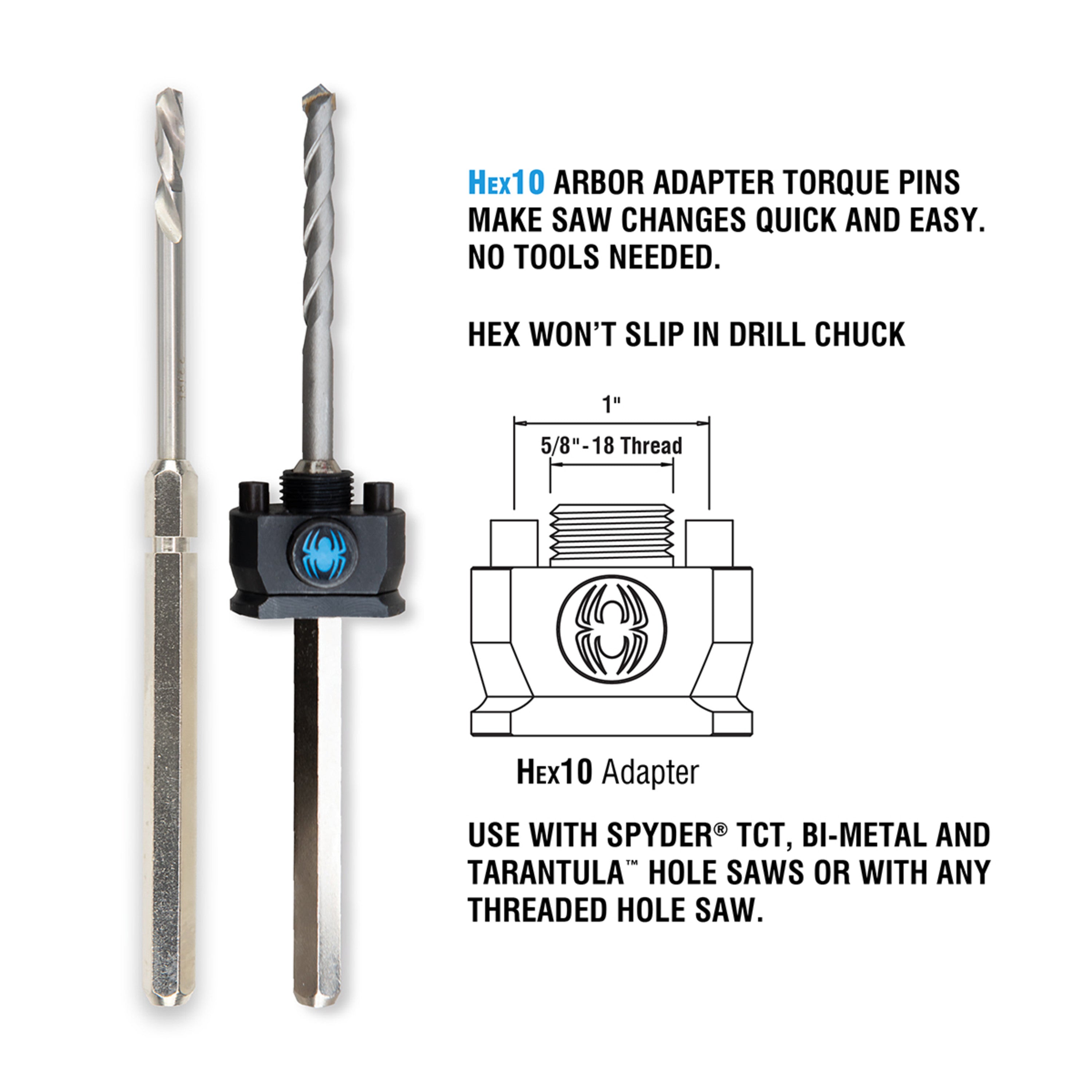 Hex10 1/2" Quick Change Hole Saw Arbor Rapid Core Eject®