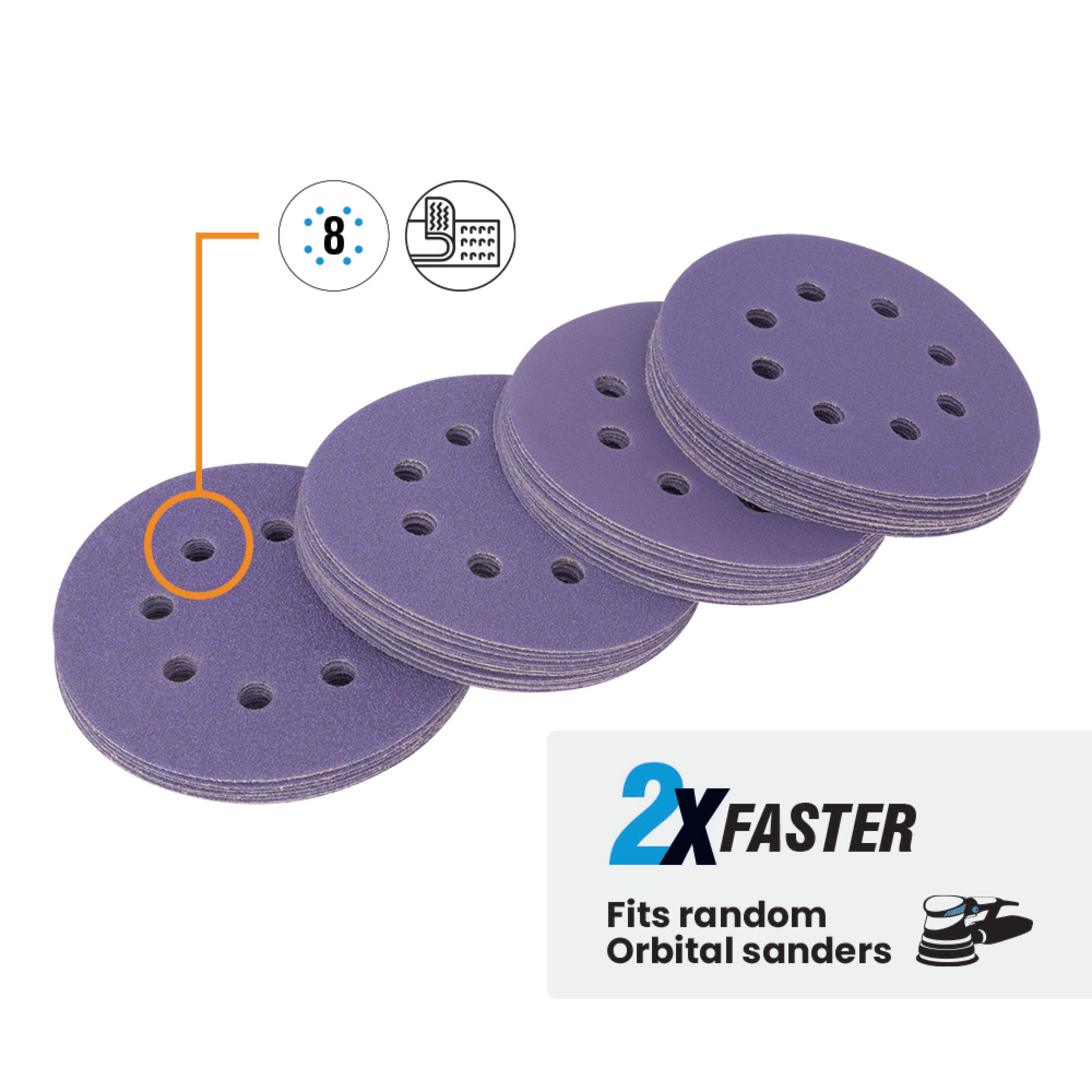 5" 8-Hole Ceramic Stearated Sanding Discs with Hook & Loop Backer, Assorted Grits (50-Pack)