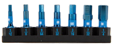1-Inch Blue Spyder driver bits on storage rail on a white background