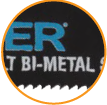 Yellow outlined circular icon showing a zoomed in shot of a Spyder® Cobalt Bi-Metal Plated Reciprocating Saw blade showing teeth detail.