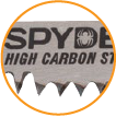Yellow outlined circular icon showing a zoomed in shot of a Spyder® High-Carbon Steel Reciprocating Saw blade showing teeth detail.