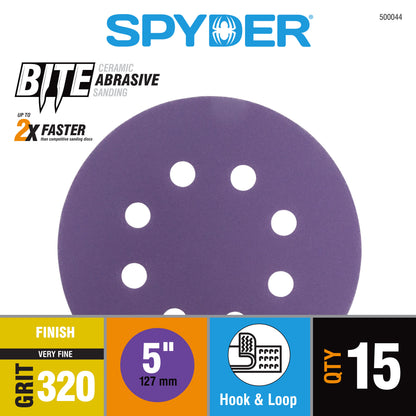 5" x 8-Hole 320 Grit Ceramic with Stearate Sanding Discs (15-Pack) Bite