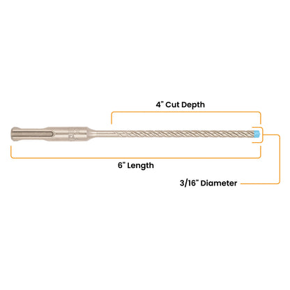 3/16" x 6" SDS-Plus 4-Cutter Full-Carbide Rotary Hammer Drill Bit