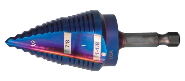 A blue hex shank step drill bit with size indicators from 3/16 to 1-1/8 inches and a red 'USA' marking.
