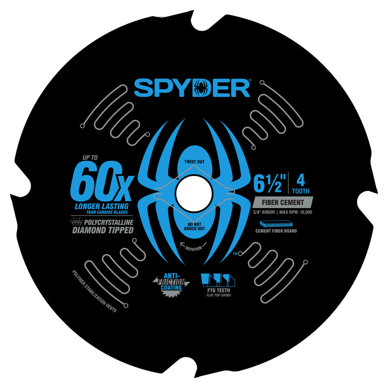 Circular fiber cement saw blade with Spyder branding and specifications on a white background