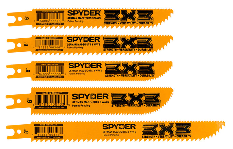 A set of five yellow reciprocating saw blades with black markings and the brand name 'Spyder' inscribed on them.