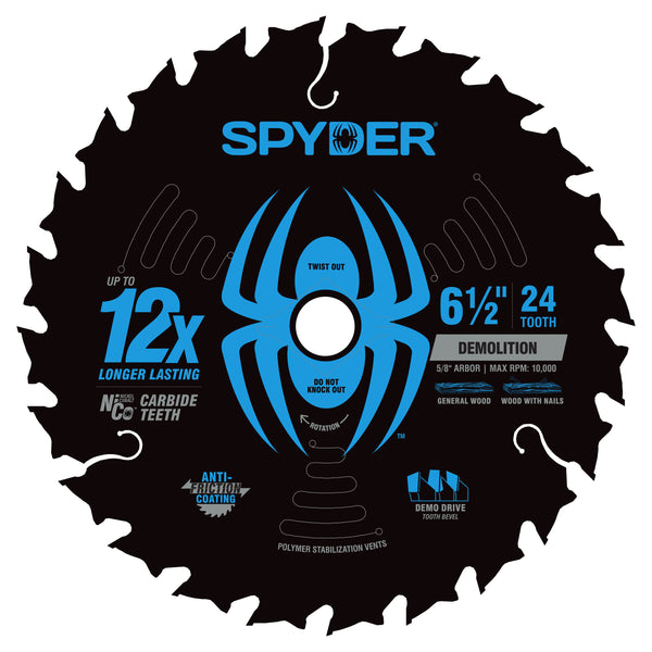 Spyder demolition circular saw blade with blue spider logo on a white background
