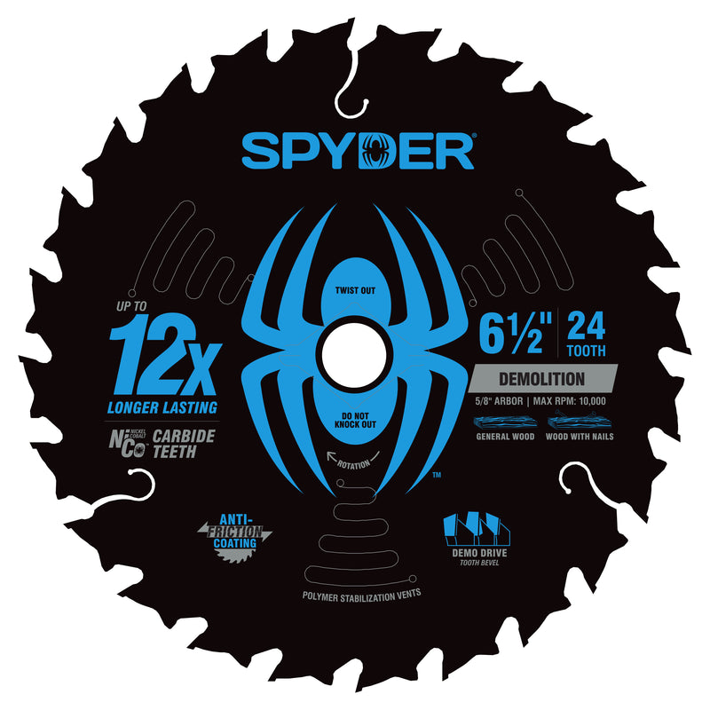 Spyder demolition circular saw blade with blue spider logo on a white background
