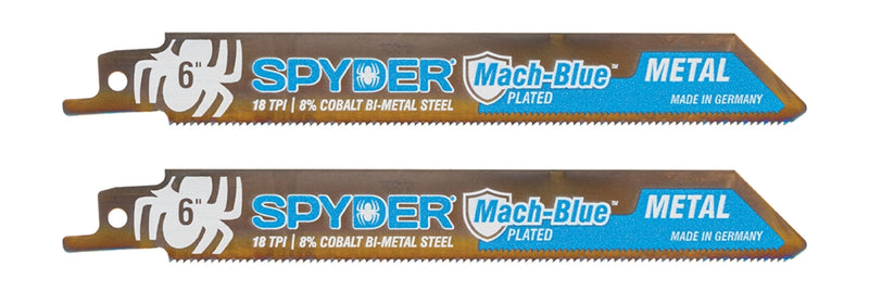 Two reciprocating blades with 'SPYDER Mach-Blue METAL' text and branding, primarily in blue and silver colors.