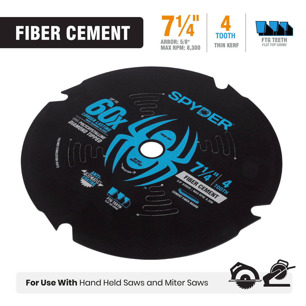 7-1/4" 4-Tooth Diamond-Tipped Saw Blade For Fiber Cement