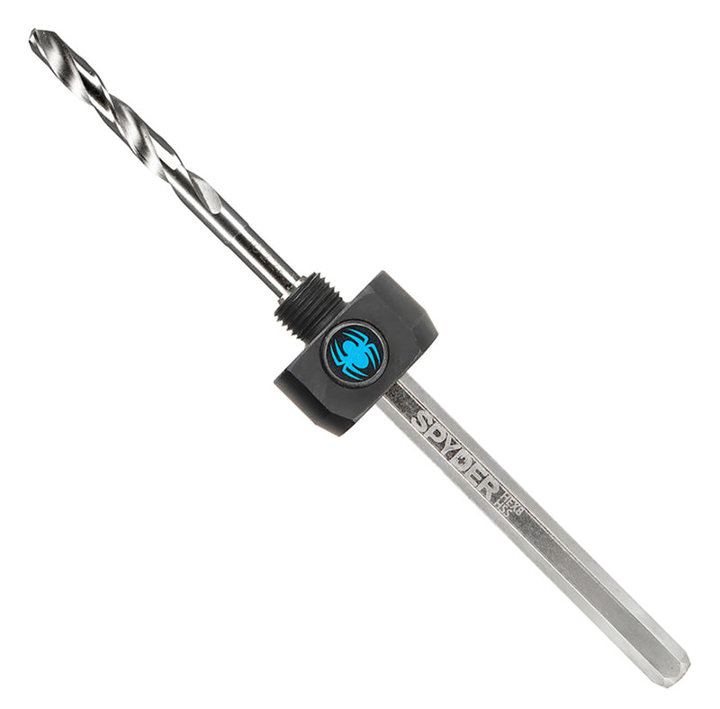 A black and silver rapid core eject hex8 3/8 inch high speed steel quick change hole saw arbor assembly with blue branding detail.