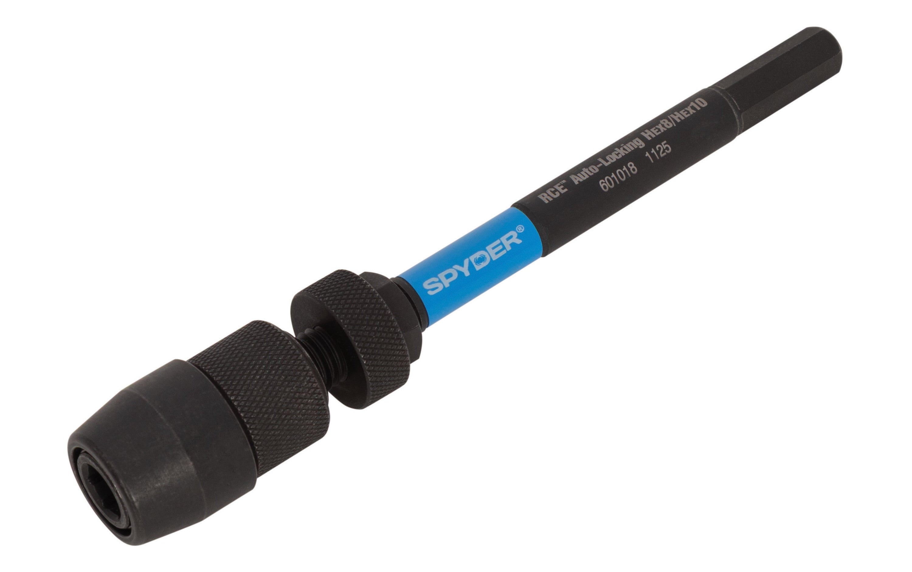 Black and blue Spyder hole saw pilot bit extension on a white background