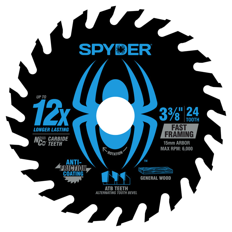 Spyder Fast Framing circular saw blade with blue spider logo on a white background