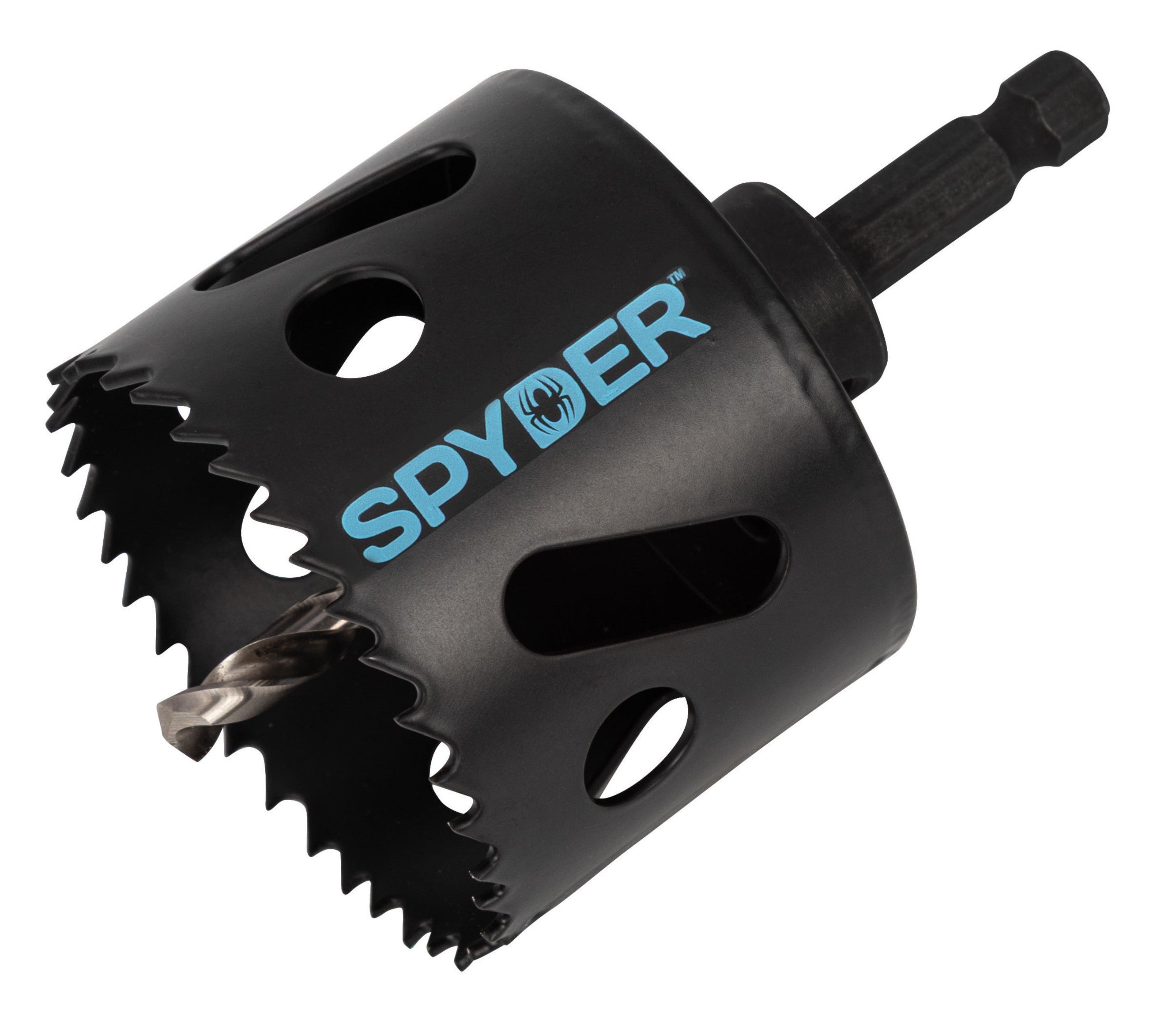Black arbored hole saw with 'Spyder' branding on a white background