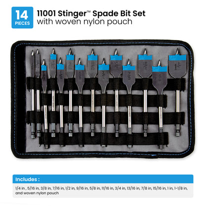 14-Piece Assorted Woodboring Spade Bit Set (1/4, 5/16, 3/8, 7/16, 1/2, 9/16, 5/8, 11/16, 3/4, 13/16, 7/8, 15/16, 1, 1-1/8") Stinger™