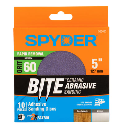5" x No Hole 60 Grit Ceramic Pressure Sensitive Adhesive with Stearate Sanding Discs (10-Pack) Bite
