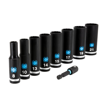 9-Piece 3/8" Drive Deep Thin-Walled Metric Impact Socket Set with Adapter