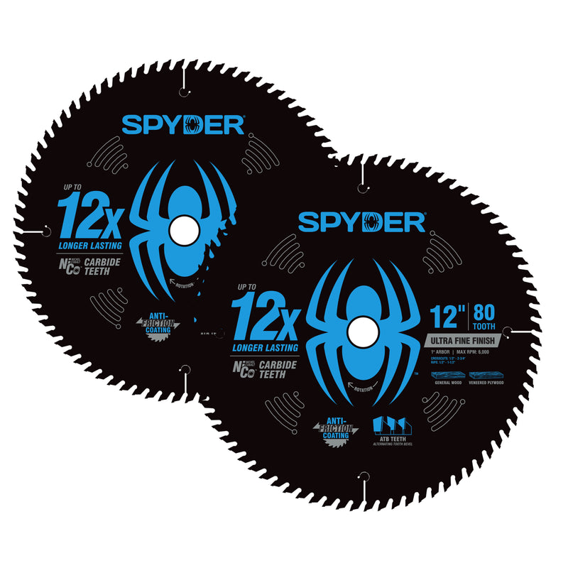Two Spyder circular saw blades on a white background