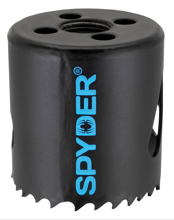 A black bi-metal hole saw with the brand name 'SPYDER' written in blue.