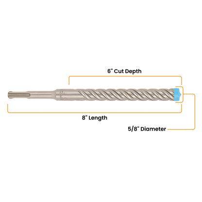 5/8" x 8" SDS-Plus 4-Cutter Full-Carbide Rotary Hammer Drill Bit