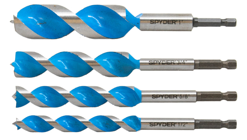 A set of four blue power drill bits of varying sizes, each with a silver threading at the bottom.