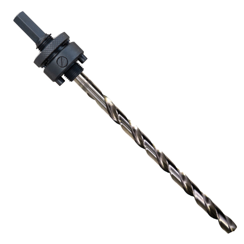 Hole saw pilot bit with a black arbor on a white background