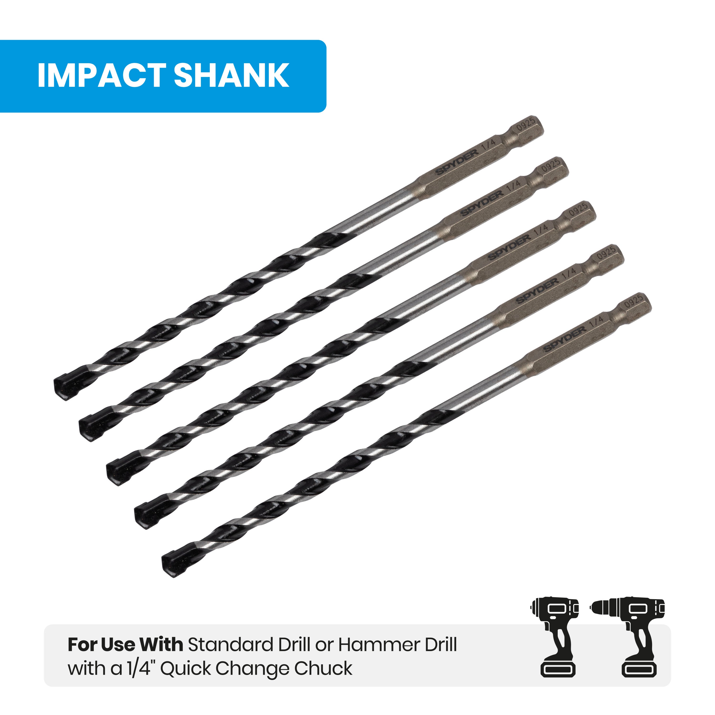 1/4" x 6" Impact Shank Hammer Drill Bit (5-Pack)
