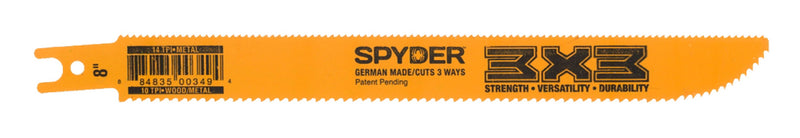 Yellow 3x3® Double-Sided Wood/Metal Spyder branded reciprocating saw blade on a white background