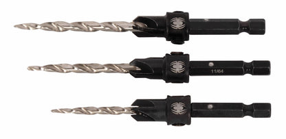 Set of three countersink drill bits with black shanks on a white background