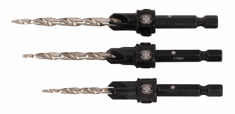 Set of three countersink drill bits with black shanks on a white background