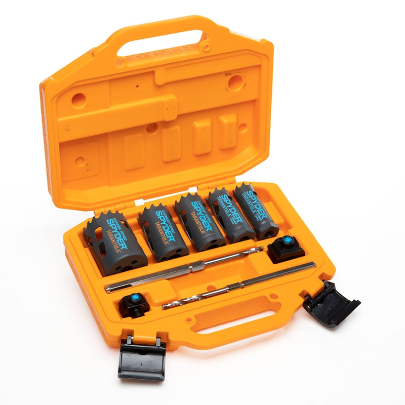 An orange plastic case containing a set of carbide tipped hole saws of various sizes, along with a rapid core eject system, pilot bits, and a black carrying handle.