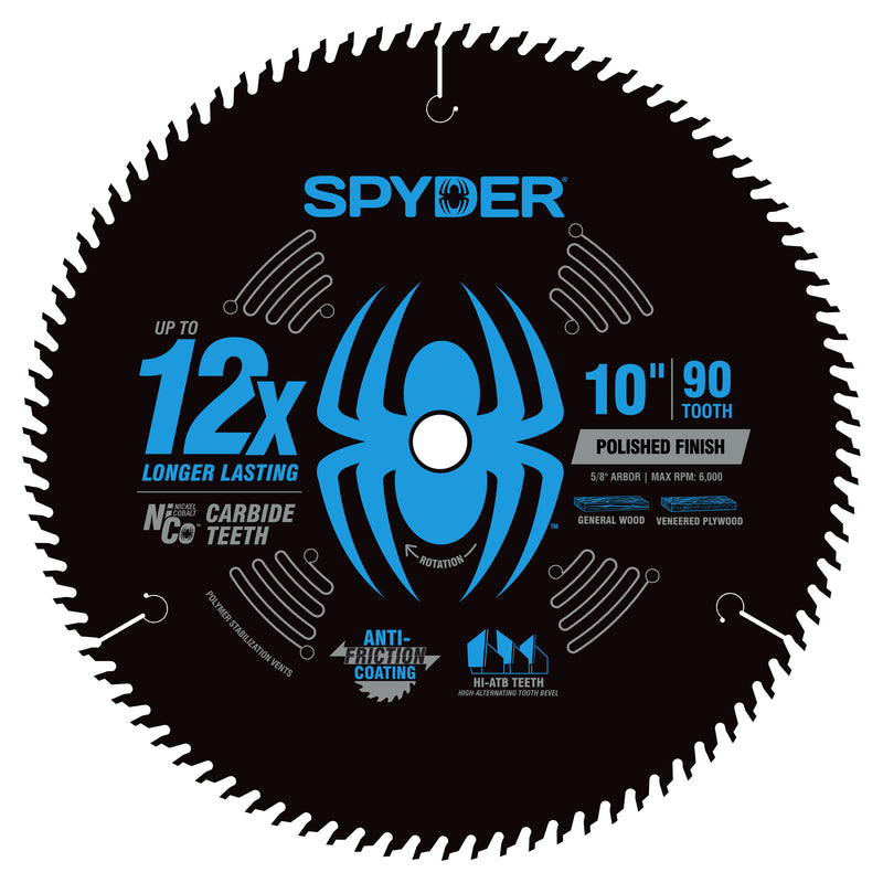 Spyder polished finish circular saw blade with blue spider logo on a white background