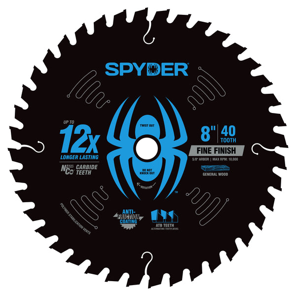 Spyder circular saw blade with blue spider logo on a black background