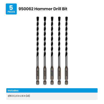 3/16" x 6" Impact Shank Hammer Drill Bit (5-Pack)