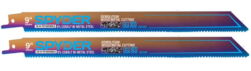 Two 9-inch 10-TPI reciprocating blades with blue and silver plating, marked with the brand Spyder.