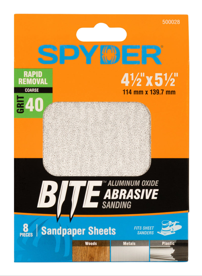 Spyder sandpaper sheets in packaging with orange and blue design
