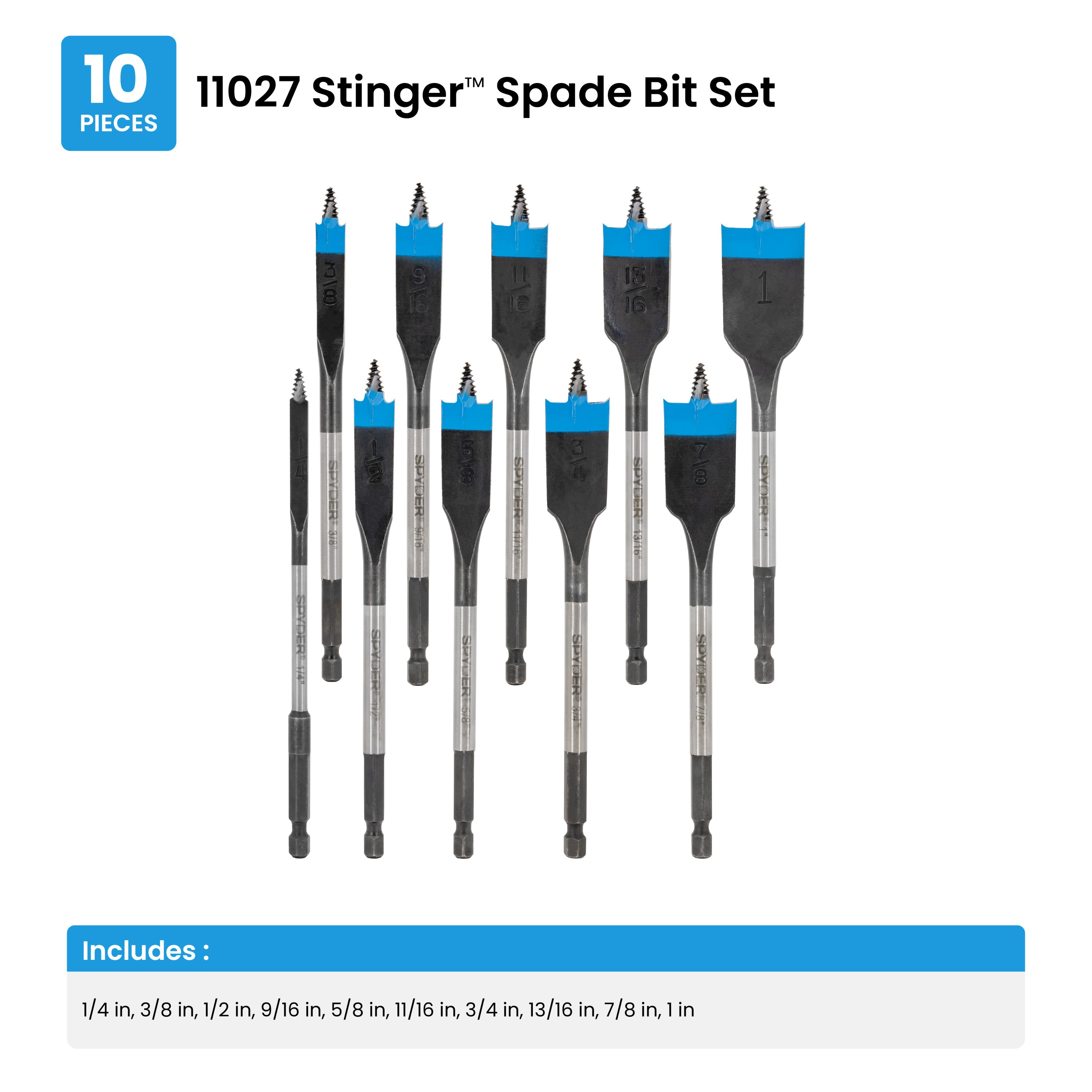 10-Piece Spade Bit Set (1/4, 3/8, 1/2, 9/16, 5/8, 11/16, 3/4, 13/16, 7/8, 1") Stinger™