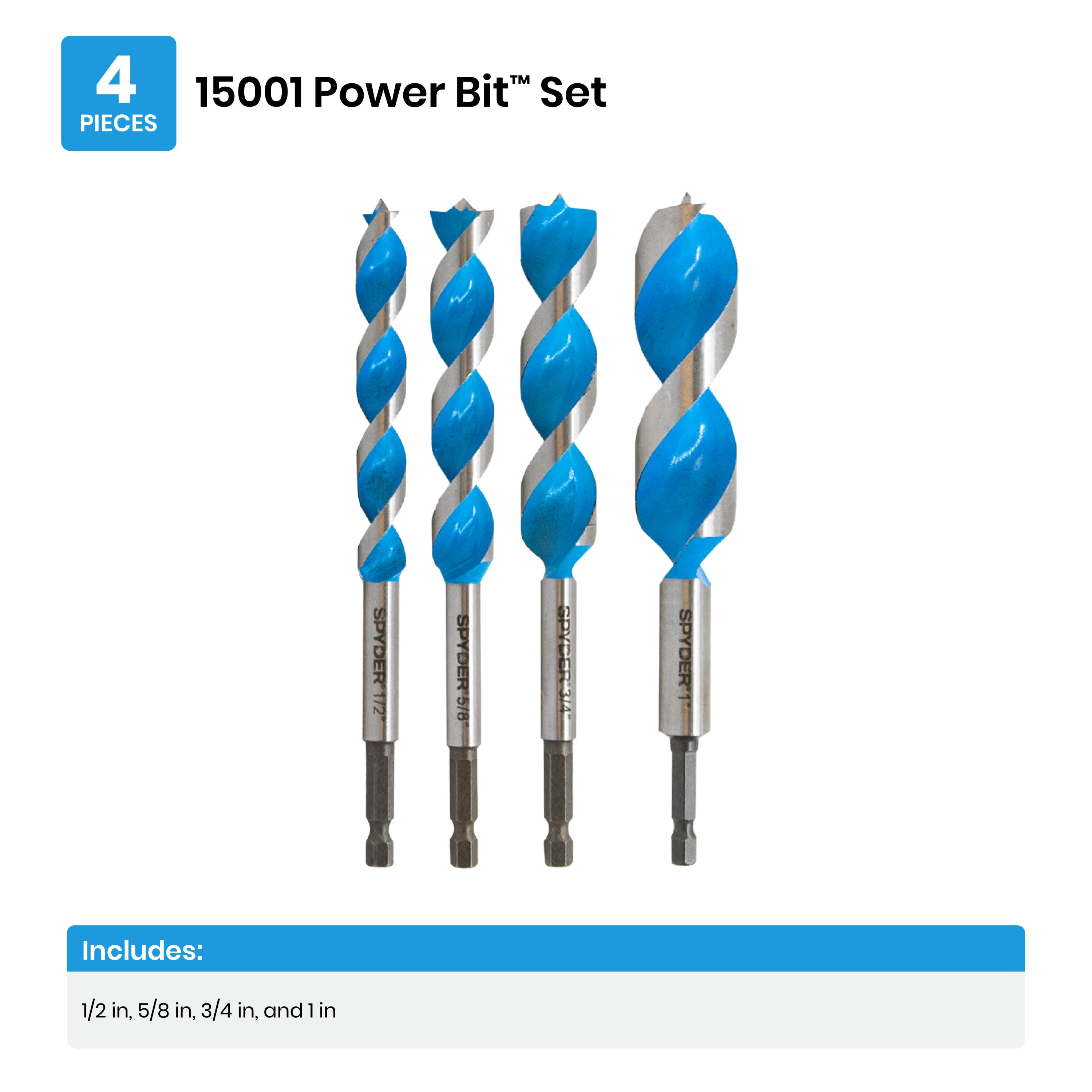 4-Piece Woodboring Power Bit Set (1/2, 5/8, 3/4, 1") Stinger™