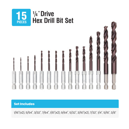 15-Piece Hex Shank Drill Bit Set TetraClad™